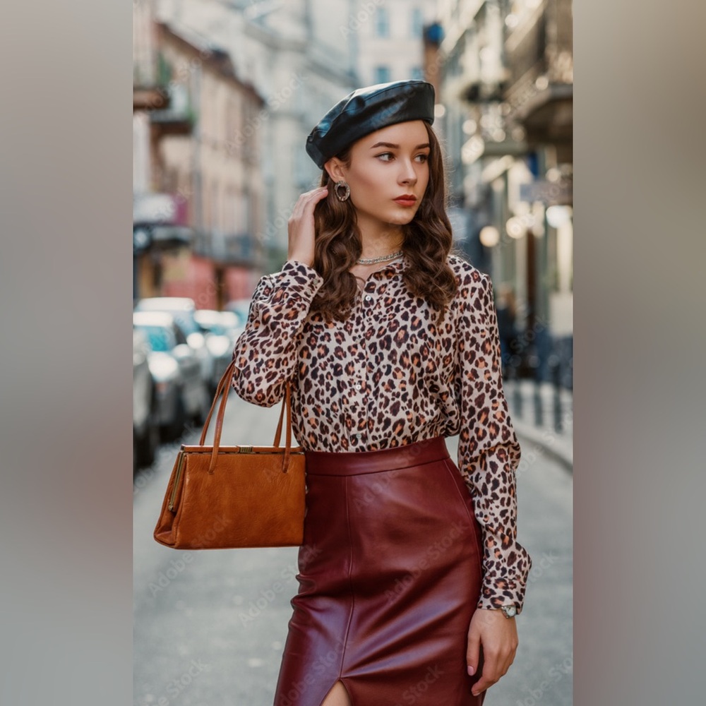 Chic Black Beret with Leopard Print Band
